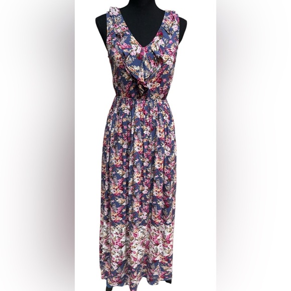 DOE & RAE BLUE/PINK FLORAL SLEEVELESS RUFFLE V-NECK CRUISE WEAR MAXI DRESS SZ S - Picture 3 of 9